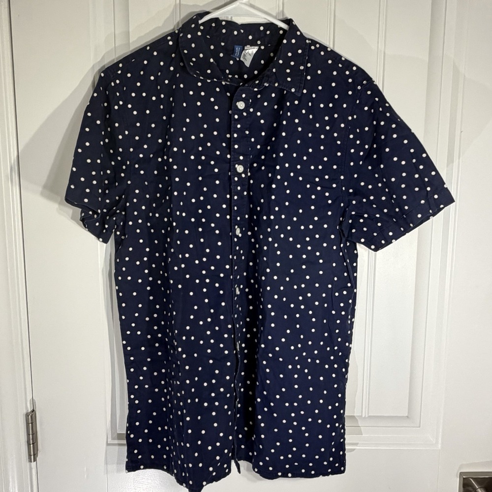 H&M Divided Men's Navy White Polka Dot Button Up Short Sleeve Shirt Size Medium